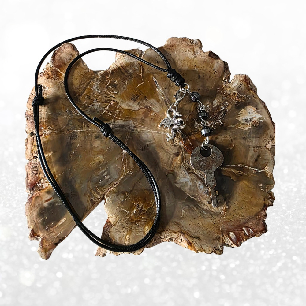 Antique Skeleton Key & Dragon Necklace - Hematite Grounding Jewelry